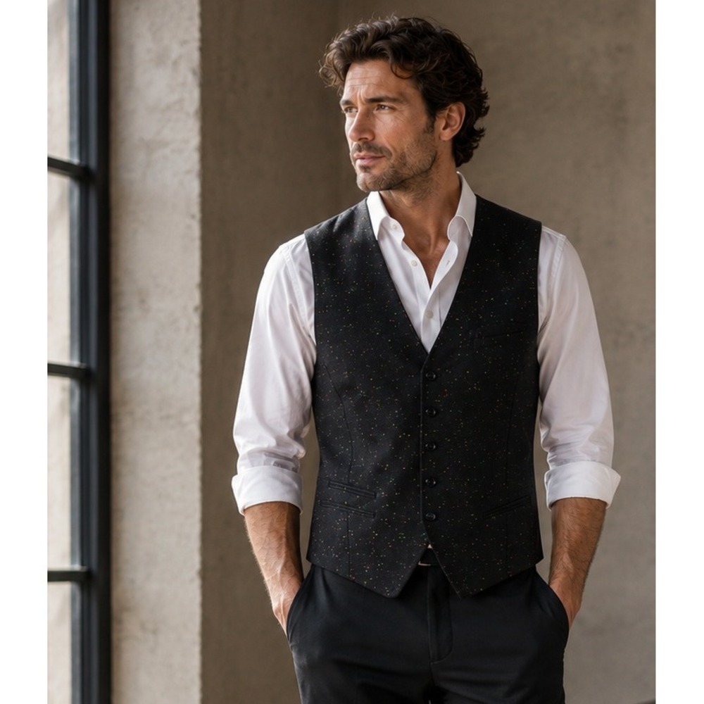 John Varvatos USA Mens XL Black Rainbow Speckled Vest Pinstripe Back Waistcoat